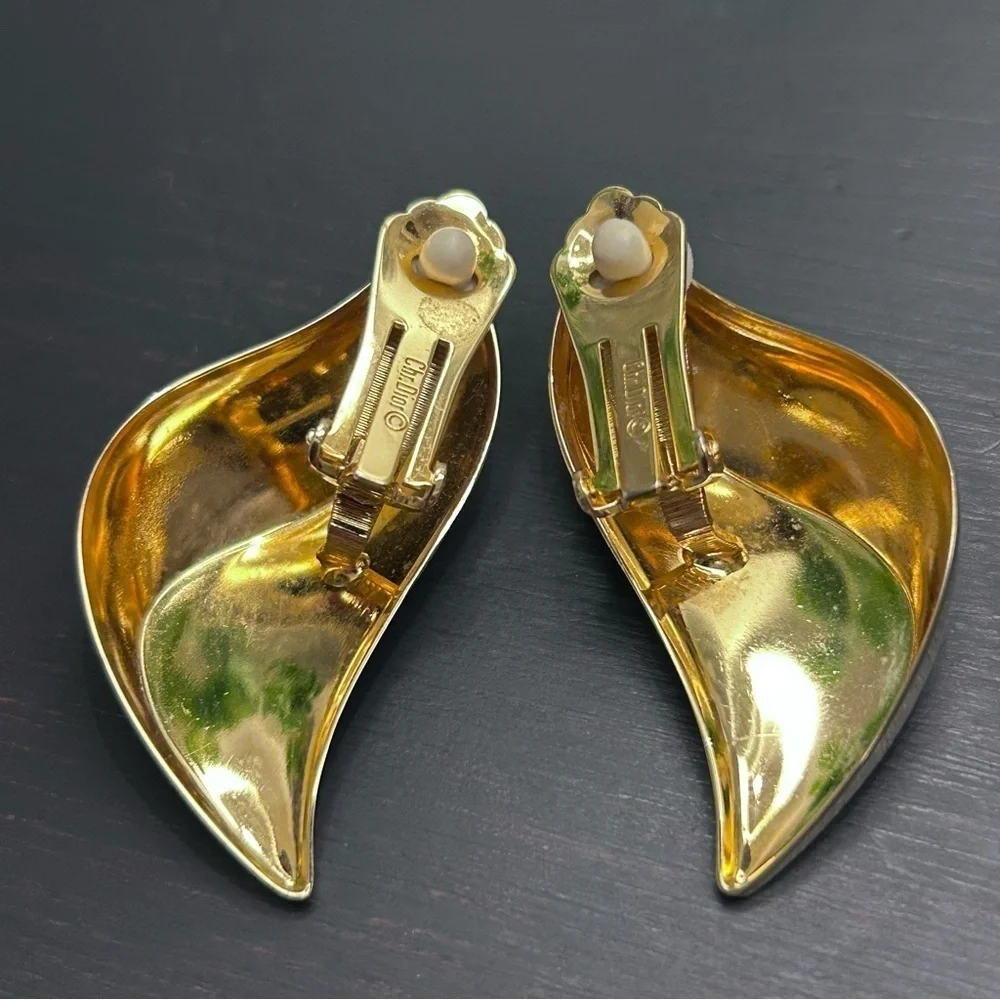Vintage Christian Dior Gold Wavy Diamond Shaped Earrings- Signed